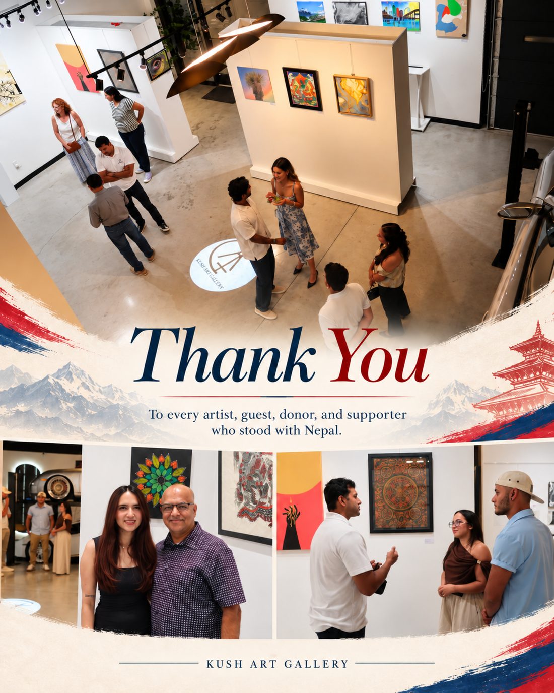 Thank-you card from Art for Nepal: photographs of guests talking among the paintings on the gallery floor, with the words Thank You — to every artist, guest, donor, and supporter who stood with Nepal.