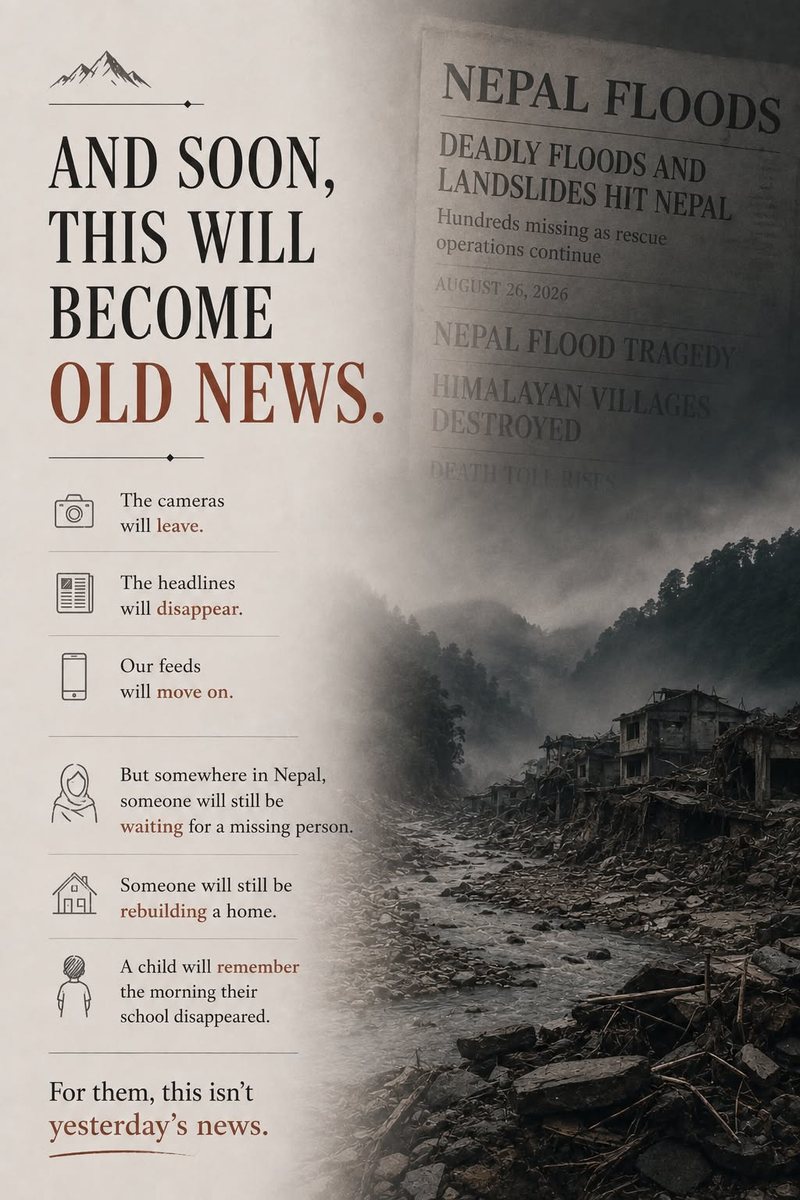 Campaign poster: a newspaper lying over a destroyed Himalayan village in fog, with the words “And soon, this will become old news.”